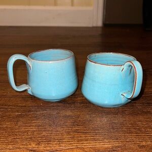 (2) Vintage Turquoise Glazed Ceramic Stoneware Pottery Small Rustic Decor Mugs